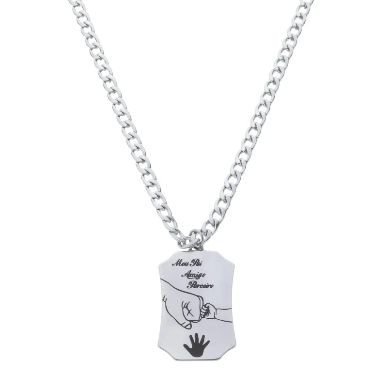 Colar De Inox Mãozinha Gravada + Corrente Grumet Inox  60cm