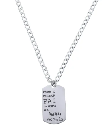 Colar De Inox Manuscrito Gravado + Corrente Grumet Inox 60cm